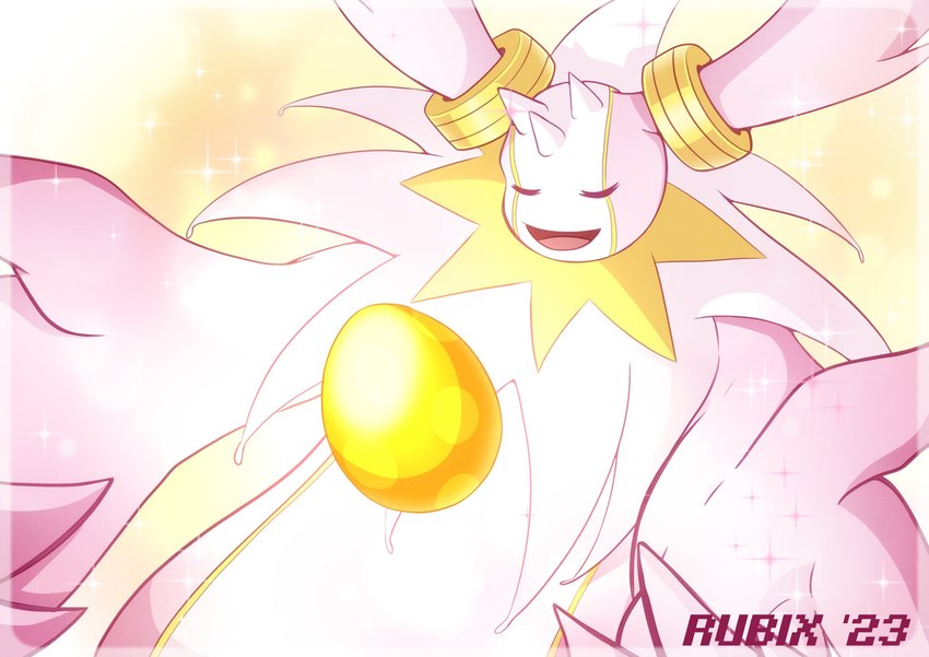 anthro egg eyes_closed glowing glowing_body holy light long_ears pink_body ring solo capnii bandai_namco digimon cherubimon cherubimon_(good) digimon_(species) hi_res