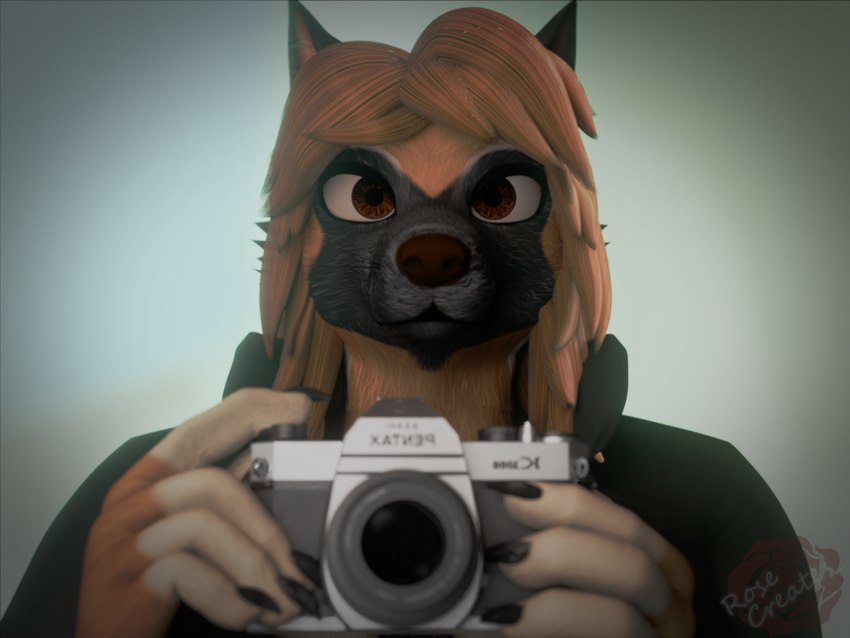 anthro biped camera clothing electronics empty_eyes female fur hair holding_object mirror_selfie mirrored reflection selfie simple_background solo topwear vintage rosecreates leslie_rochester(rosecreates) canid canine canis domestic_dog german_shepherd herding_dog mammal pastoral_dog 3d_(artwork) 4:3 blender_(artwork) digital_media_(artwork)