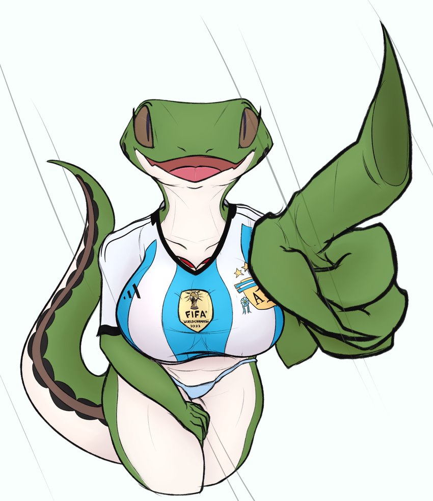 against_surface anthro argentina ball clothing fake_breasts female glass happy looking_at_viewer on_glass open_mouth panties simple_background soccer_ball soccer_uniform solo sportswear tail underwear uniform vagoncho adidas fifa hinampa_(vagoncho) lizard reptile scalie 2023 hi_res