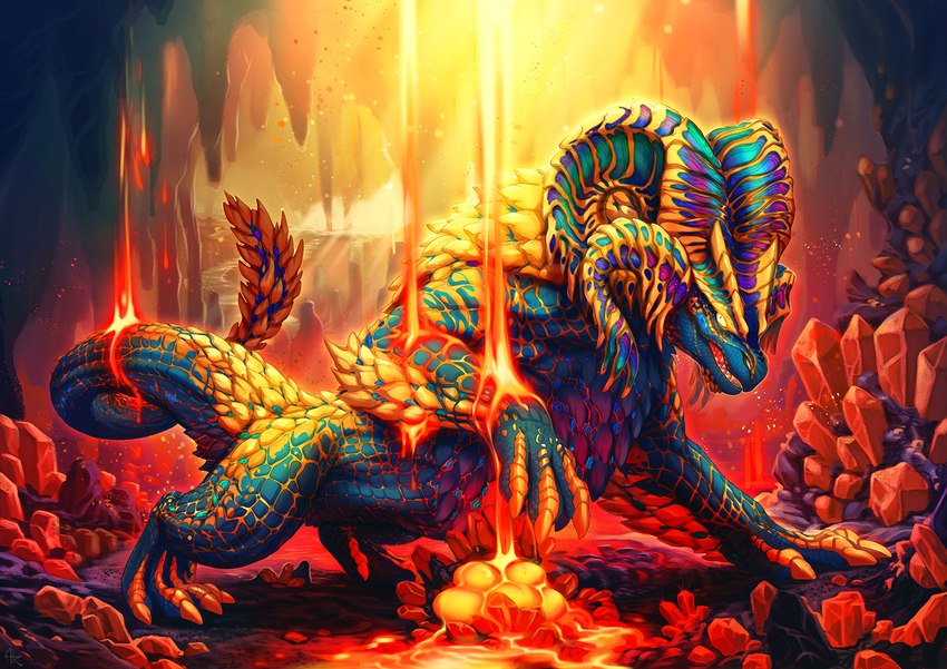 4_toes ambiguous_gender cave claws detailed_background feet feral horn lava licking looking_at_viewer male multicolored_body multicolored_scales open_mouth raised_leg scales smile solo spiral_horn tail teeth toes tongue tongue_out white_eyes yellow_eyes acidapluvia capcom monster_hunter mythology dragon elder_dragon kulve_taroth mythological_creature mythological_scalie scalie 2020 digital_media_(artwork)