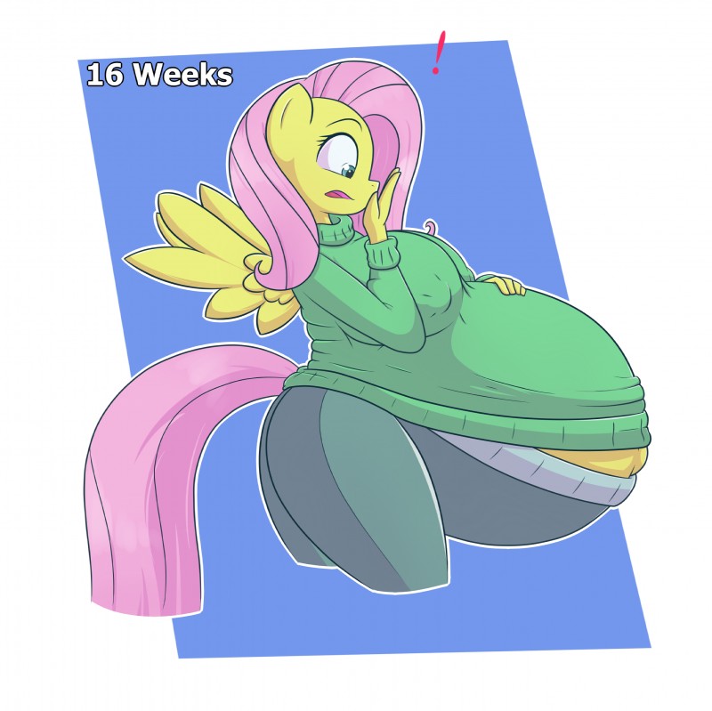 anthro belly big_belly big_breasts bottomwear breasts clothing exclamation_point feathered_wings feathers female hair hyper hyper_pregnancy long_hair navel pants pink_hair pregnant pregnant_anthro pregnant_female simple_background solo sweater sweatpants topwear wings yellow_body yellow_skin forfun41 funble friendship_is_magic hasbro my_little_pony mythology fluttershy_(mlp) equid equine horse mammal mythological_creature mythological_equine pegasus pony absurd_res hi_res