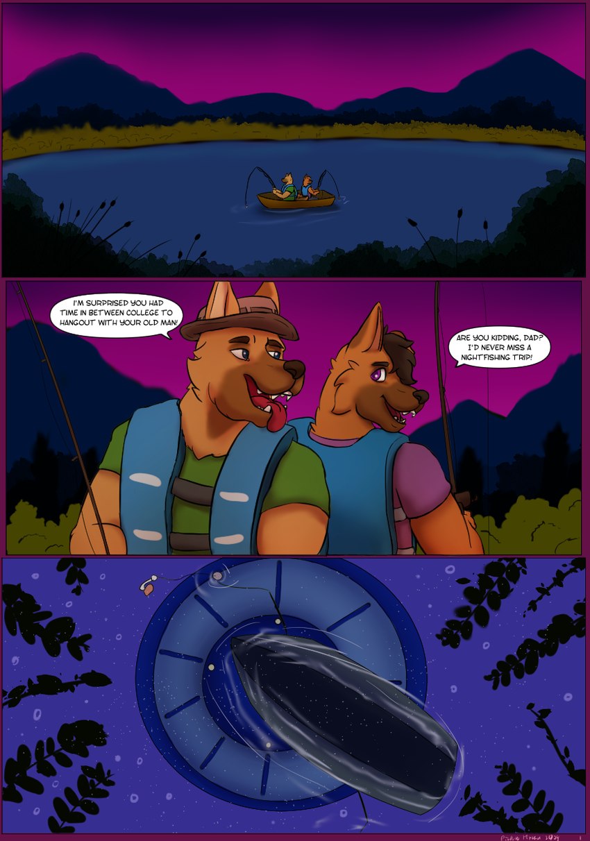 anthro boat dialogue duo fishing flying_saucer lake male underwater vehicle water watercraft pickles-hyena canid canine canis domestic_dog german_shepherd herding_dog mammal pastoral_dog comic hi_res father_(lore) father_and_child_(lore) father_and_son_(lore) parent_(lore) parent_and_child_(lore) parent_and_son_(lore) son_(lore)