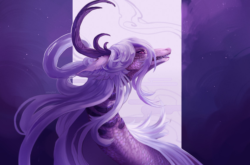 abstract_background ambiguous_gender ears_back feral hair horn inner_ear_fluff long_hair long_neck pivoted_ears pupils purple_body purple_scales red_eyes scales sharp_teeth slit_pupils solo teeth tuft astarphel mythology dragon mythological_creature mythological_scalie scalie 2021 digital_media_(artwork) headshot_portrait hi_res portrait purple_theme shaded