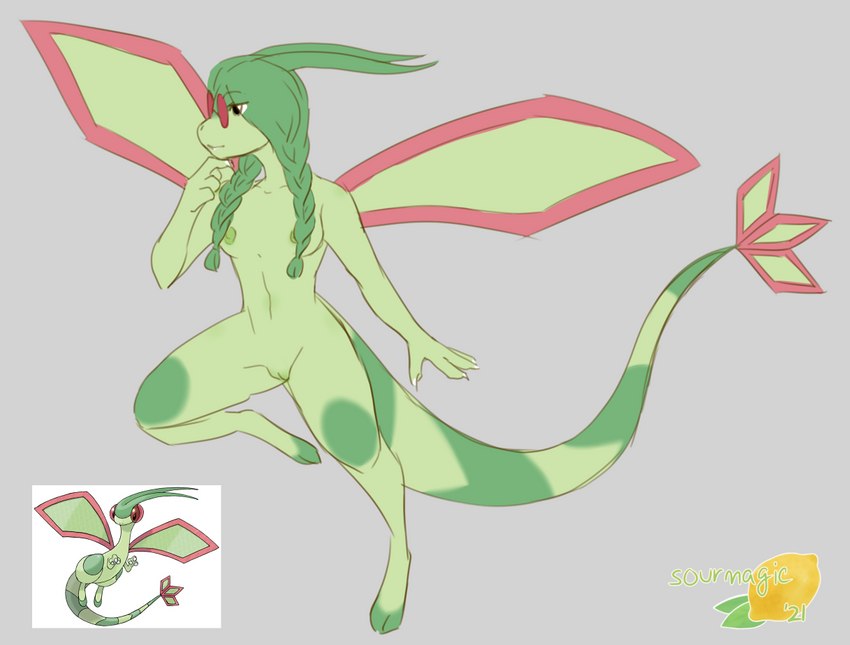 anthro braided_hair breasts eyewear female flying genitals glasses green_body green_hair green_skin hair markings nipples nude pussy small_breasts solo standing bittervow nintendo pokemon flygon generation_3_pokemon pokemon_(species)