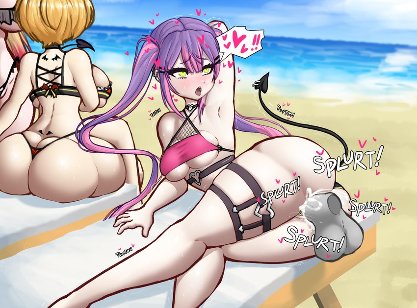 beach big_breasts big_butt bikini bikini_thong blonde_hair blush bodily_fluids breasts butt clothing cum cum_inside disembodied_penis female female_penetrated genital_fluids genitals hair heart_symbol lying male male/female male_penetrating male_penetrating_female on_side penetration penis pigtails purple_hair seaside sex spade_tail sweat swimwear tail two-piece_swimsuit xelsword hololive vtuber tokoyami_towa yozora_mel demon demon_humanoid humanoid hi_res