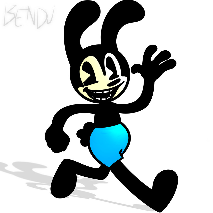 3_fingers anthro black_body black_fur blue_clothing clothing fingers fur gesture male pie_cut_eyes shadow solo toony walking waving bendu disney oswald_the_lucky_rabbit lagomorph leporid mammal rabbit 1:1 absurd_res hi_res