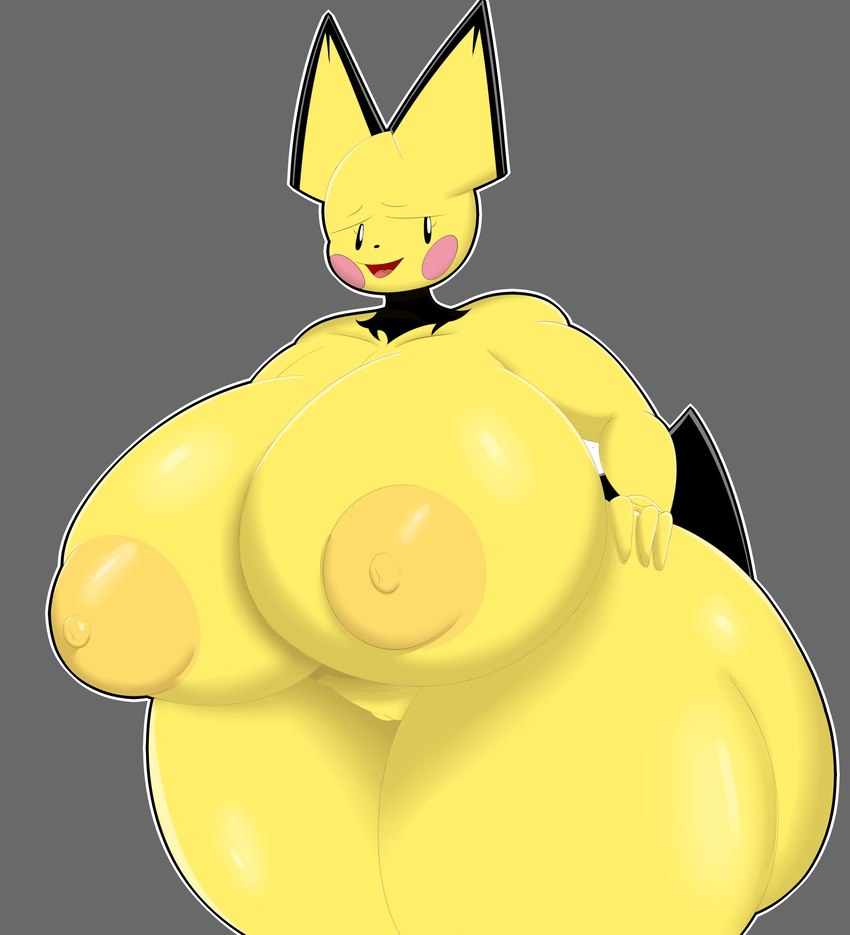 anthro areola big_areola big_breasts big_butt big_nipples black_ear_tips black_eyebrows black_nose black_sclera black_tail breasts butt dipstick_ears ear_markings eyebrows female front_view genitals grey_background hand_on_butt hand_on_own_butt huge_areola huge_breasts huge_butt huge_thighs hyper hyper_breasts hyper_butt multicolored_ears nipples open_mouth open_smile outline pink_cheeks pink_tongue pussy red_mouth simple_background smile solo tail tan_areola tan_nipples thick_thighs tongue venus_figure white_eyes white_outline yellow_body yellow_ears bloocherrypie nintendo pokemon generation_2_pokemon pichu pokemon_(species) 2023 absurd_res colored digital_media_(artwork) hi_res shaded