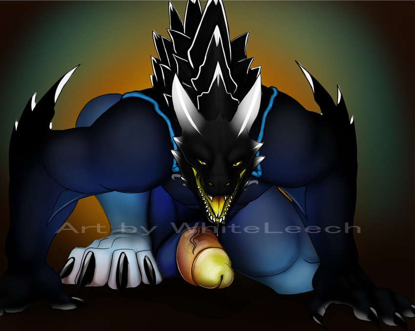 4_fingers 4_toes anthro balls big_claws big_feet big_penis black_body black_claws black_skin blue_balls blue_body blue_skin bodily_fluids claws dripping fangs feet fingers front_view genitals hands_on_ground horn humanoid_genitalia humanoid_penis kneeling male markings narrowed_eyes non-mammal_balls open_mouth penis saliva saliva_drip simple_background solo spikes teeth text toes tongue vein veiny_penis white_body white_horn white_markings white_skin yellow_eyes yellow_penis yellow_tongue whiteleech mythology dragon mythological_creature mythological_scalie scalie digital_drawing_(artwork) digital_media_(artwork) english_text signature watermark