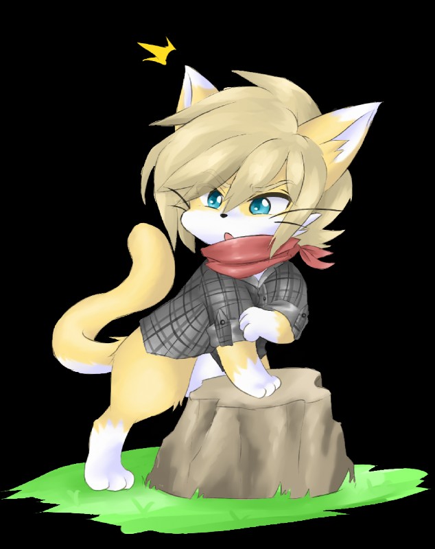 anthro blue_eyes clothed clothing fur hair kerchief male open_mouth solo surprise yellow_body yellow_fur earthb-kun jackson_(earthb-kun) domestic_cat felid feline felis mammal 2016 alpha_channel hi_res