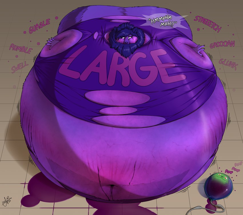 anthro balloon belly belly_expansion belly_inflation big_belly blue_body blue_fur blue_hair blueberry_inflation body_inflation cheek_bulge claws clothed clothing dripping expansion expansion_sound_effect female filling_balloon fur groan hair hose hyper hyper_inflation immobile inflatable inflating_balloon inflation juice_(beverage) makeup markings mascara mascara_tears navel neck_tuft peril purple_body purple_fur running_makeup running_mascara scared slosh sloshing_belly solo sound_effects spherical_inflation striped_markings striped_tail stripes tail tail_markings text tight_clothing torn_clothing tube_bulge tuft voodoo voodoo_inflation zoidrawzaton mammal mephitid skunk absurd_res english_text hi_res