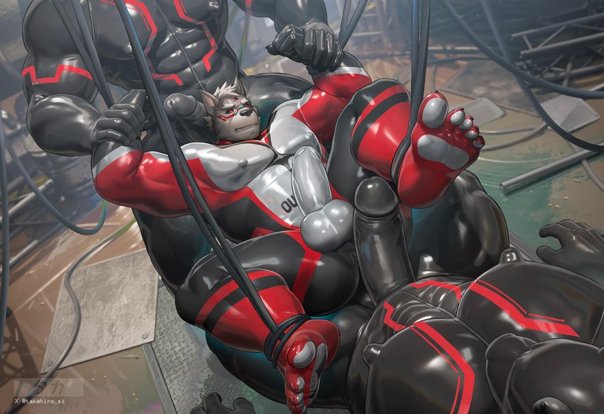 abs anal_sheath anthro anus_outline arms_restrained balls biceps black_clothing black_sclera black_suit bodysuit cable claws clothing finger_claws forearm_muscles fur genital_markings genitals grey_body grey_fur grey_hair group hair holding_arm horn humanoid_genitalia humanoid_penis logo male male/male markings multicolored_bodysuit multicolored_clothing multicolored_skinsuit muscular muscular_anthro muscular_male pattern_clothing pecs penis penis_markings platform_missionary_position red_eyes red_markings sex_swing skinsuit skintight_suit striped_clothing stripes suit text text_on_clothing tight_clothing toe_claws trio takahirosi ryouon_ritsu canid canine canis mammal wolf 2024 artist_logo watermark