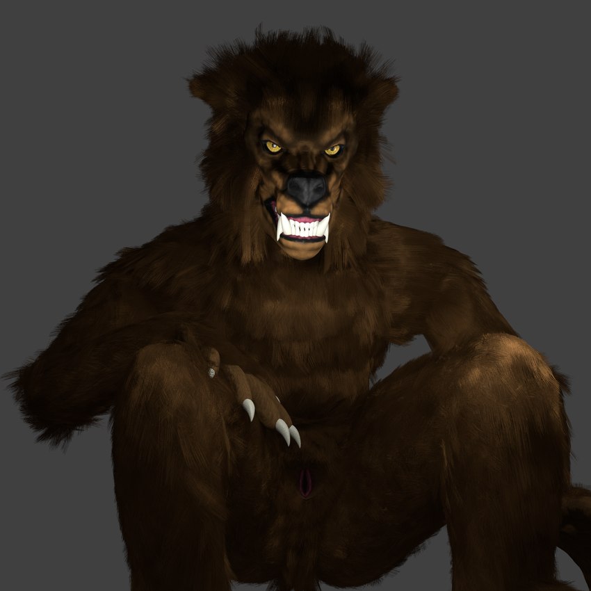 angry anthro arm_tuft bent_over big_fangs black_nose brown_body brown_fur butt canine_nose claws cursed digitigrade ear_tuft ears_back fangs female flat_chested fur genitals grey_background gums hand_on_leg hand_on_thigh looking_at_viewer low-angle_view nude pink_pussy pivoted_ears presenting presenting_pussy pussy simple_background snarling solo standing teeth tuft white_claws worm's-eye_view yellow_eyes betlv blender_eevee mythology canid canine mammal mythological_canine mythological_creature werecanid werecanine werecreature werewolf 2024 3d_(artwork) absurd_res blender_(artwork) digital_media_(artwork) hi_res