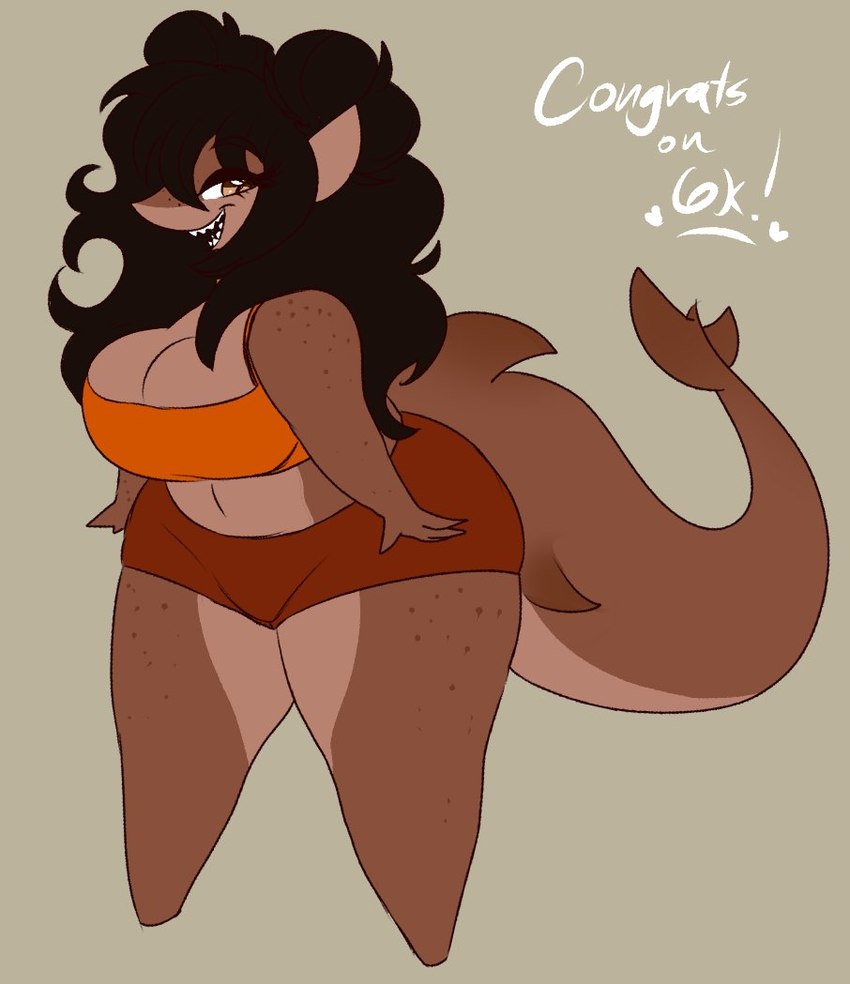 anthro big_breasts big_butt bottomwear bra breasts butt clothed clothing female freckles shark_fin shark_tail shorts slightly_chubby slightly_chubby_female solo sports_bra thick_thighs underwear wide_hips mochimelted shorky_the_shork fish marine shark