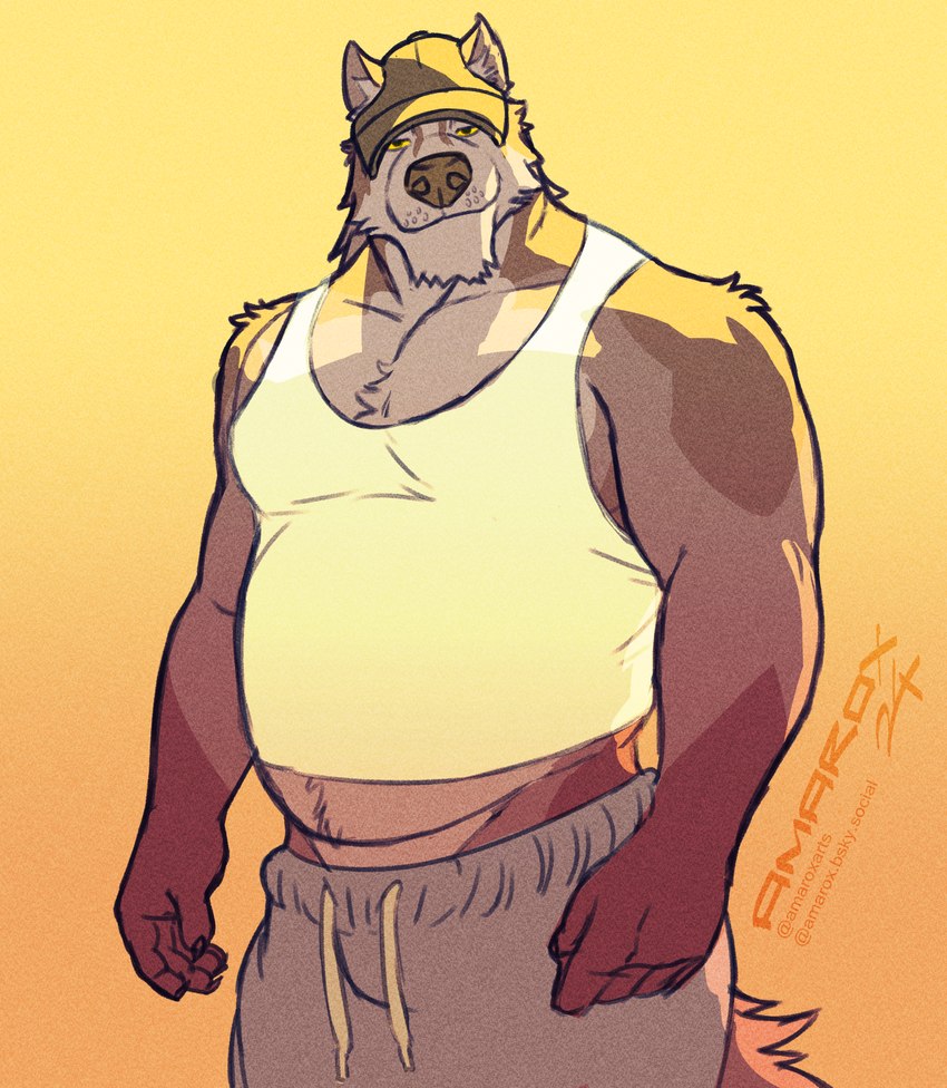 anthro athletic_wear baseball_cap bottomwear clothing gym_bottomwear gym_shorts hat headgear headwear looking_at_viewer male musclegut muscular shirt shorts simple_background solo standing tank_top topwear underbelly amarox amarox_(character) canid canine canis mammal wolf digital_drawing_(artwork) digital_media_(artwork) hi_res