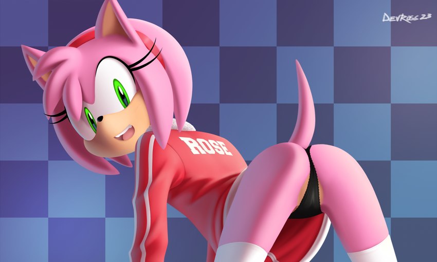 anthro black_nose butt checkered checkered_background clothing eyelashes female green_eyes legwear looking_at_viewer open_mouth pattern_background pink_body simple_background solo text devo87 sega sonic_the_hedgehog_(series) amy_rose eulipotyphlan hedgehog mammal 2023 5:3 artist_name digital_media_(artwork)