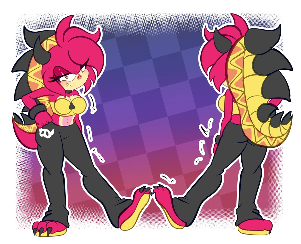 blush choker clothing crop_top eyelashes female footwear horn jewelry long_eyelashes looking_at_viewer necklace pig_nose sandals shell shirt shoes solo spikes topwear ventral_groove wristband yellow_eyes demichan sega sonic_the_hedgehog_(series) drifa_(eggbot15) fan_character armadillo mammal suid suine warthog xenarthran digital_media_(artwork) hi_res