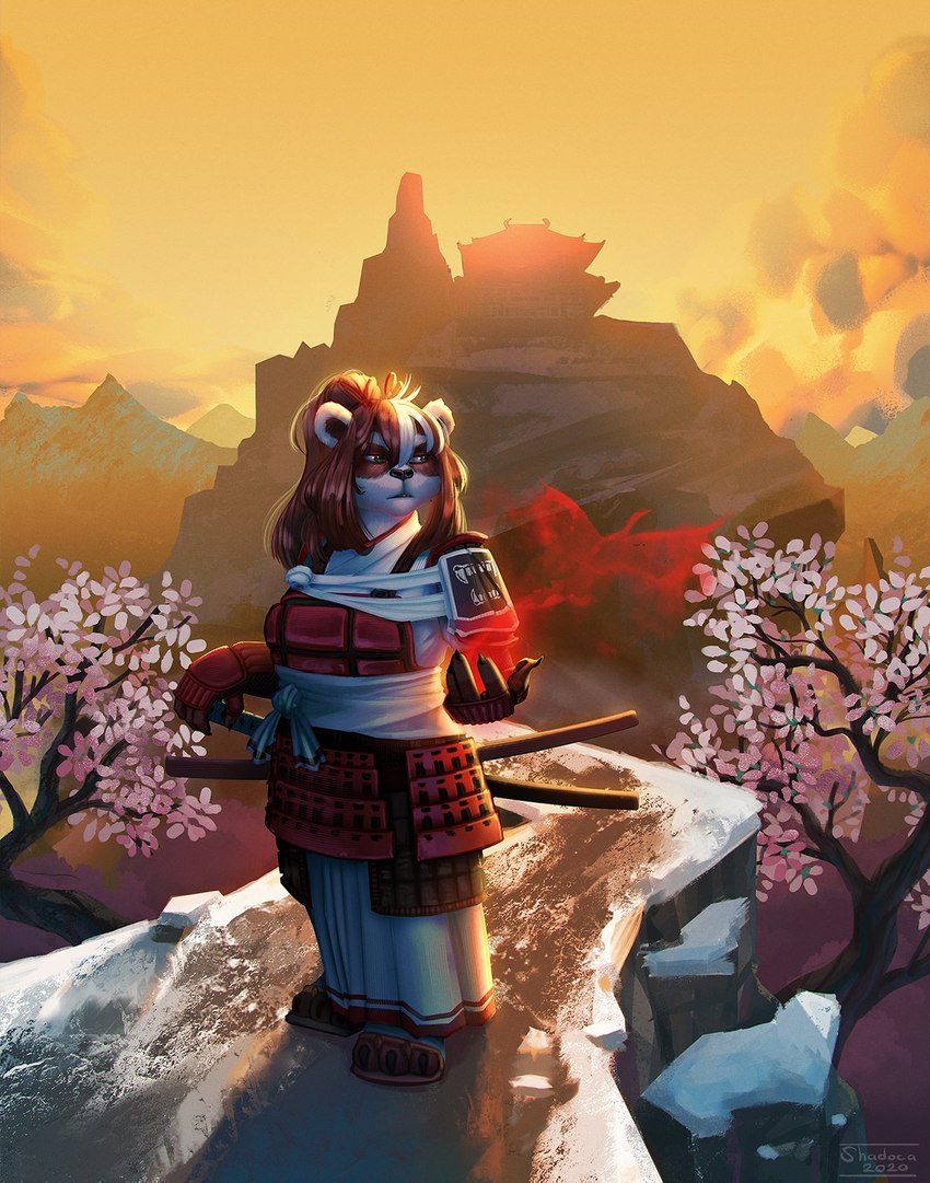 anthro cherry_blossom cherry_blossom_tree cherry_tree female flower fruit_tree melee_weapon plant prunus_(flower) solo sword tree weapon shadoca blizzard_entertainment warcraft bear mammal pandaren hi_res