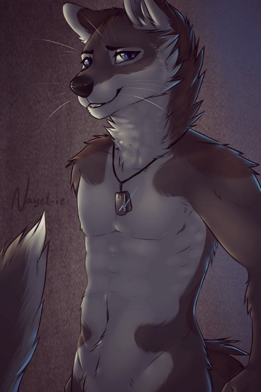 anthro biped blue_eyes dog_tags looking_at_viewer male muscular muscular_anthro muscular_male nude smile solo standing nayel-ie canid canine canis coyote mammal wolf 2014 hi_res