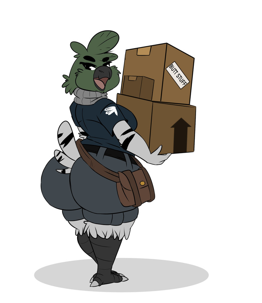 anthro beak big_breasts big_butt black_sclera bottomwear box breasts butt clothing container cutoffs delivery_(commerce) delivery_employee delivery_uniform denim denim_bottomwear denim_clothing feathers female green_body green_feathers grey_body grey_feathers holding_box holding_container holding_object huge_butt looking_at_viewer looking_back multicolored_body multicolored_feathers non-mammal_breasts open_beak open_mouth postal_delivery postal_uniform rear_view shorts solo two_tone_body two_tone_feathers uniform thehoneybutter avian bird columbid pigeon hi_res