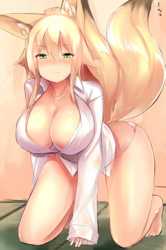 all_fours big_breasts big_tail blonde_hair breasts cleavage clothed clothing female green_eyes hair looking_at_viewer multi_tail solo tail text thong underwear konozawa animal_humanoid canid canid_humanoid canine canine_humanoid fox fox_humanoid humanoid mammal mammal_humanoid hi_res japanese_text