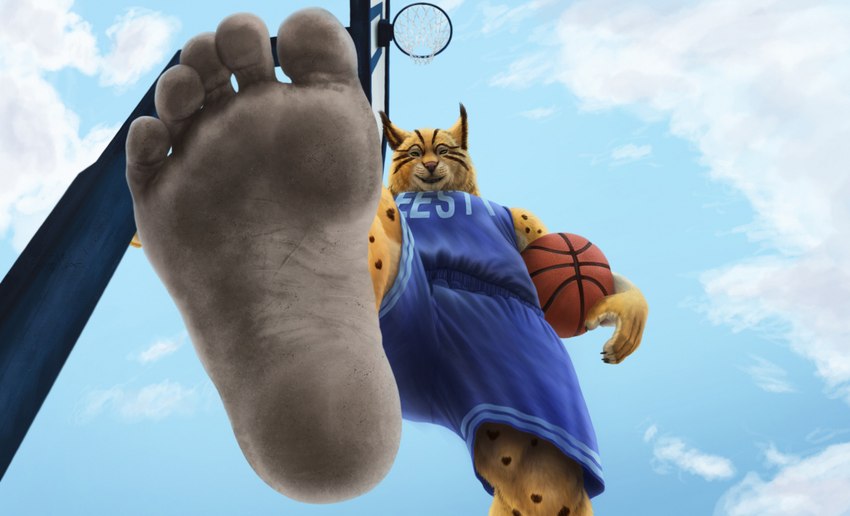 5_toes anthro ball barefoot basketball basketball_(ball) basketball_clothing basketball_hoop basketball_jersey basketball_net basketball_shorts basketball_uniform blue_clothing clothing cloud dirt dirty dirty_feet feet foot_fetish foot_focus fur jersey logo looking_at_viewer male markings muscular muscular_anthro muscular_male outside plantigrade pointy_ears prick_ears sky smile snout soles solo sportswear spots spotted_body spotted_fur striped_body stripes toes uniform ryenaa sidmonthebear felid feline lynx mammal 2022 hi_res