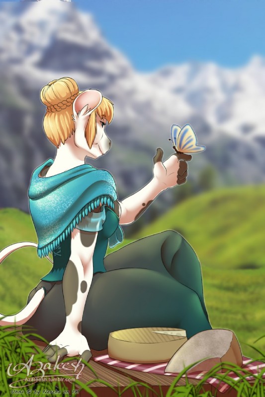 anthro austria bent_arm bodice bread breasts cheese cheese_wheel dairy_products dirndl duo extended_arm female food hair hair_bun on_finger on_hand smile text azaleesh arthropod bovid bovine butterfly cattle holstein_friesian_cattle insect lepidopteran mammal hi_res url