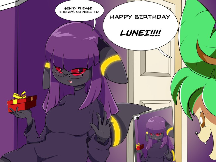 anthro black_body black_fur breasts brown_eyes cellphone clothing door duo electronics eyewear female fur glasses green_hair hair happy_birthday inside open_mouth phone purple_hair red_eyes red_sclera smile sweater text topwear white_door yellow_body leafypaws nintendo pokemon fan_character luneiumbreon_(mintyspirit) sunnyleafeon_(mintyspirit) eeveelution generation_2_pokemon generation_4_pokemon leafeon pokemon_(species) umbreon 2021 4:3 absurd_res digital_media_(artwork) english_text hi_res