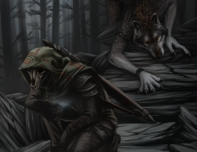 ambiguous_gender ambush anthro armband armor bone bracelet brown_body brown_fur cape claws clothed clothing crouching detailed_background duo evergreen_tree forest fully_clothed fur gloves_(marking) grey_body grey_fur grey_markings holding_object hood humanoid_hands hunting jewelry kneeling leather magic markings mask melee_weapon nature necklace nude orange_eyes outside pine_tree plant raining rock scabbard skeleton skull skull_mask stalking sword tree weapon blackpassion777 canid canine canis mammal wolf dark_theme hi_res