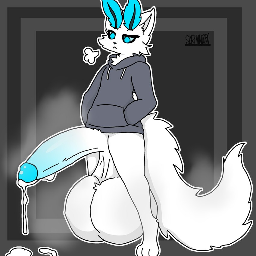 anthro bodily_fluids bottomless clothed clothing cum cum_drip cum_on_ground dripping fluffy fluffy_tail fur genital_fluids genitals hoodie hoodie_only hyper hyper_genitalia male musk solo tail topwear topwear_only white_body white_fur skrivhatoro moth_cat_(skrivhatoro) arthropod felid hybrid insect lepidopteran mammal moth absurd_res hi_res