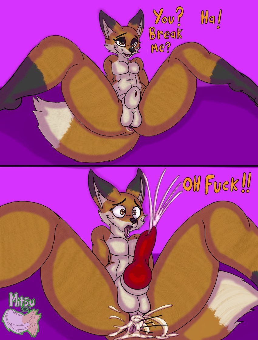 animal_genitalia anthro anus balls bodily_fluids breaking cum cum_in_ass cum_inside cumshot ejaculation femboy foxy_vir genital_fluids genitals male penis sheath smile solo text tongue tongue_out mitsuthesune canid canine fox mammal red_fox true_fox english_text hi_res