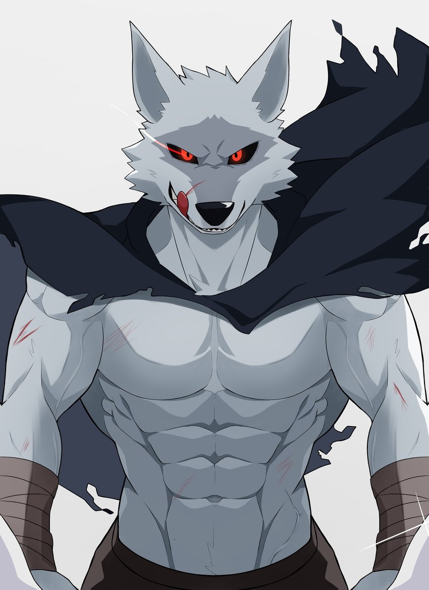 abs anthro arm_wraps biceps black_cloak black_clothing black_nose black_sclera cape cloak clothing fingers fur grey_body grey_fur licking licking_lips looking_at_viewer male multicolored_body multicolored_fur muscular muscular_anthro muscular_male pecs pubes red_eyes serratus sharp_teeth simple_background smile smiling_at_viewer solo teeth tongue tongue_out tuft two_tone_body two_tone_fur vein veiny_muscles white_background wounded wraps takochinki dreamworks puss_in_boots_(franchise) death_(puss_in_boots) canid canine canis mammal wolf 2023 digital_media_(artwork) hi_res