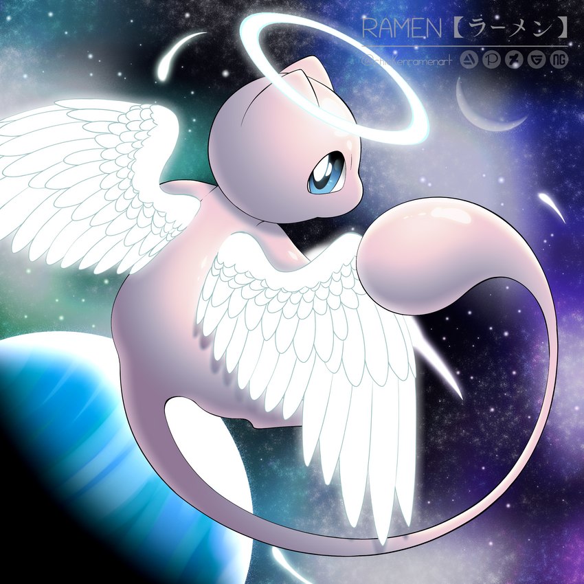 ambiguous_gender blue_eyes cosmic_background crescent_moon feathered_wings feathers feral glowing glowing_wings halo looking_at_viewer looking_back looking_back_at_viewer monotone_body moon pink_body planet shooting_star solo space star tail text white_halo white_wings wings ramen_(artist_3) nintendo pokemon generation_1_pokemon legendary_pokemon mew_(pokemon) pokemon_(species) 1:1 absurd_res artist_name hi_res