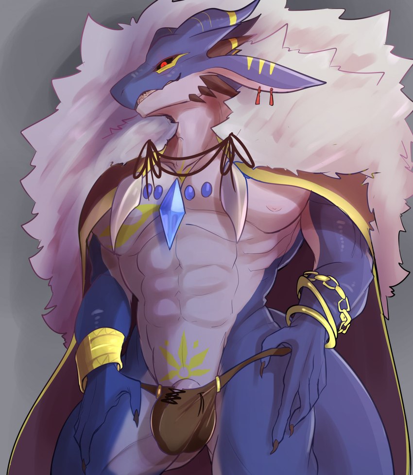 abs anthro black_sclera blue_body bracelet bulge chin_spikes claws cloak clothing countershade_torso countershading detailed_bulge facial_spikes finger_claws gem genitals horn jewelry low-angle_view male muscular muscular_anthro muscular_male nipples penis penis_base pupils red_eyes slit_pupils smile smirk solo spikes spikes_(anatomy) tail tattoo dragonlove mythology liverty_(dragonlove) dragon mythological_creature mythological_scalie scalie wingless_dragon hi_res shaded