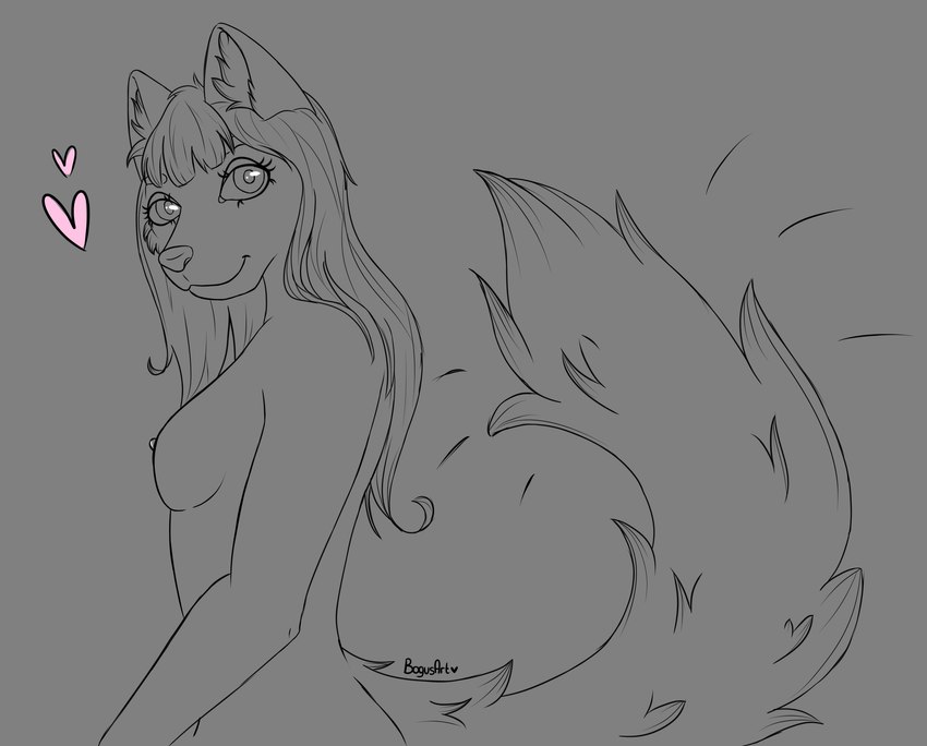 anthro breasts ears_up female fluffy fluffy_tail glistening glistening_eyes hair heart_symbol long_hair nipples outline skinny slim small_breasts small_waist smile solo stare tail teasing bogusart3 canid canine fox mammal absurd_res greyscale hi_res line_art monochrome sketch