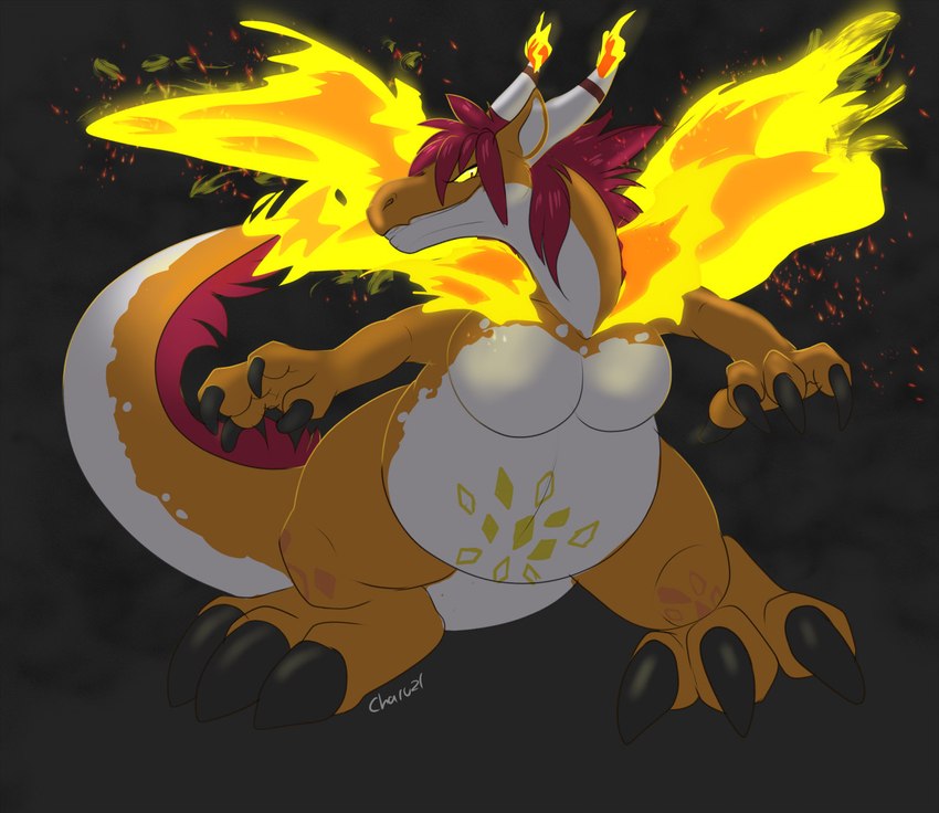 2_horns 3_toes 4_fingers anthro belly big_belly big_breasts black_background black_claws bottom_heavy breasts claws curvy_figure dark featureless_breasts feet female feral finger_claws fingers fire flaming_tail flaming_wings front_view grin hair horn huge_breasts huge_thighs light looking_at_viewer multicolored_body multicolored_scales narrowed_eyes non-mammal_breasts orange_body orange_scales overweight overweight_female overweight_feral pink_eyes pink_hair scales semi-anthro simple_background smile smiling_at_viewer solo spread_legs spreading tail thick_thighs toe_claws toes unusual_anatomy unusual_wings white_body white_scales wide_hips wings yellow_body yellow_scales yellow_sclera charu mythology nintendo pokemon fan_character misha_(misha) dragon generation_8_pokemon gigantamax_charizard gigantamax_pokemon mythological_creature mythological_scalie pokemon_(species) reptile scalie 2021 dated digital_media_(artwork) full-length_portrait lighting portrait shaded signature