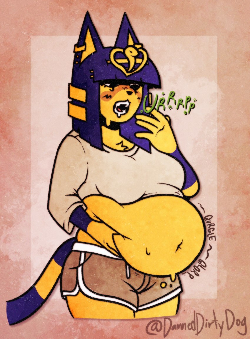 anthro belly big_belly big_breasts bloated blush bottomwear breasts burping clothing female hand_on_belly jewelry open_mouth overweight overweight_female rumbling_stomach shorts solo stuffing uraeus weight_gain damndirtierdog animal_crossing nintendo ankha_(animal_crossing) felid feline mammal absurd_res hi_res