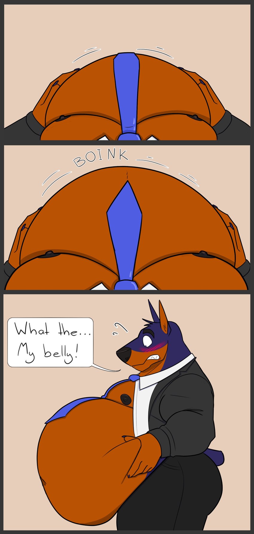 3_panel_comic 5_fingers anthro belly belly_expansion big_belly big_nose black_bottomwear black_clothing black_nipples black_nose black_pants black_suit blue_body blue_claws blue_fur blue_necktie blue_tail blush blush_lines bodily_fluids bottomwear brown_body brown_chest brown_fur butt claws clothing confusion dialogue dress_shirt expansion eyebrows fangs finger_claws fingers fur growth growth_lines hand_on_belly high-angle_view holding_belly looking_at_self male moob_expansion moobs multicolored_body multicolored_fur navel necktie nipples obese obese_anthro obese_male onomatopoeia overweight overweight_anthro overweight_male pants pockets shirt short_tail side_view simple_background solo sound_effects suit sweat sweatdrop tail teeth text thick_eyebrows thick_thighs topwear two_tone_body two_tone_fur weight_gain white_dress_shirt lizard_soup gunther_(danny-mac-quazy) canid canine canis dobermann domestic_dog mammal pinscher 2021 absurd_res comic digital_media_(artwork) english_text hi_res