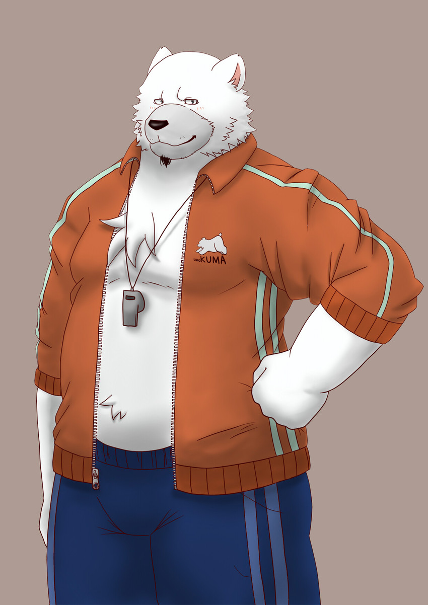 anthro belly black_nose bottomwear clothing fur kemono male pants simple_background slightly_chubby solo white_body white_fur kuma_(pixiv_881259) kumadasi bear mammal polar_bear ursine 2010 hi_res