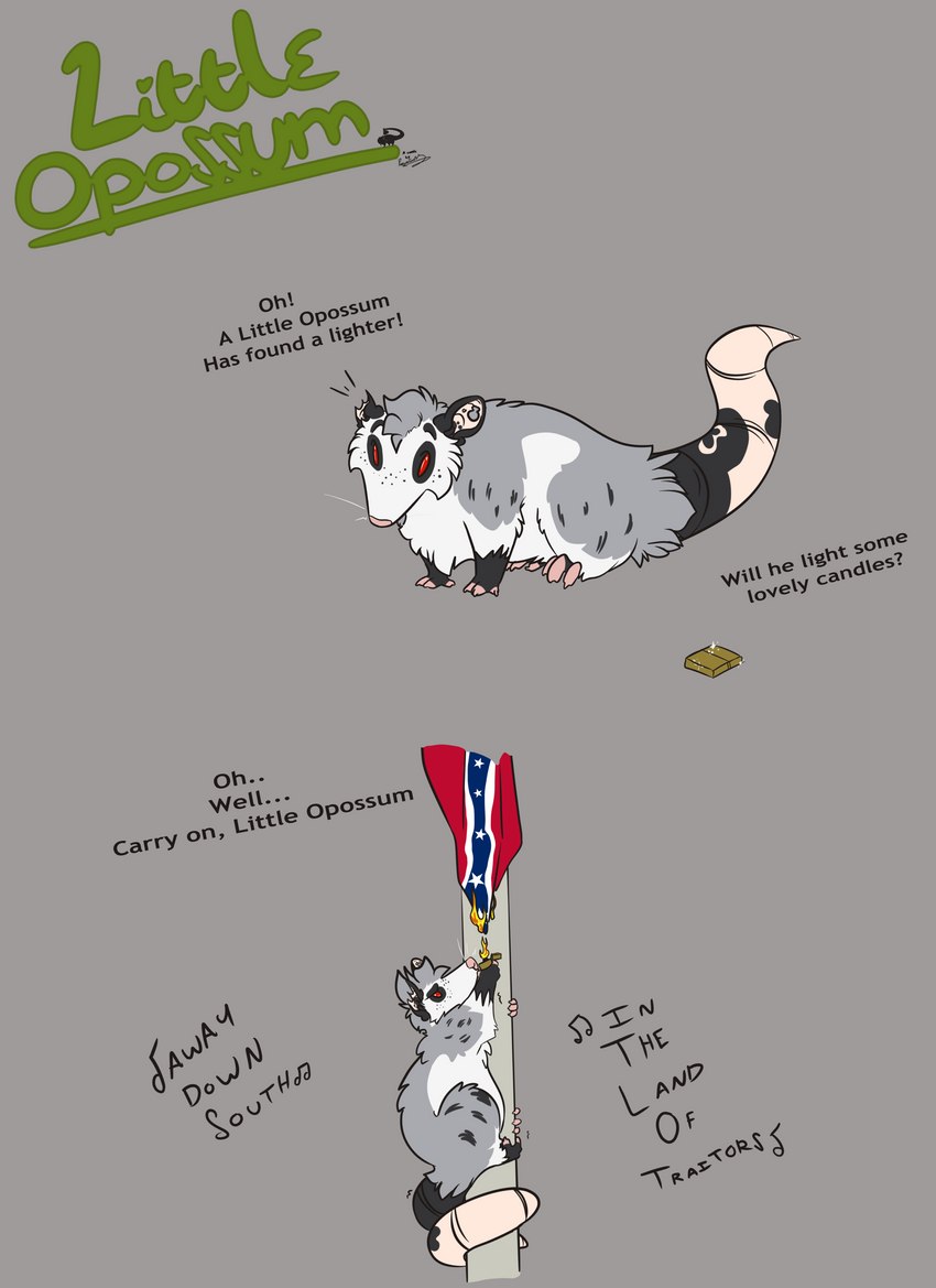 belly climbing destruction_of_property feral flag flag_burning humor lighter lyrics male political_cartoon politics solo tail text thick_tail possumgod ryder_the_pirate_(possumgod) american_opossum mammal marsupial absurd_res colored comic english_text hi_res