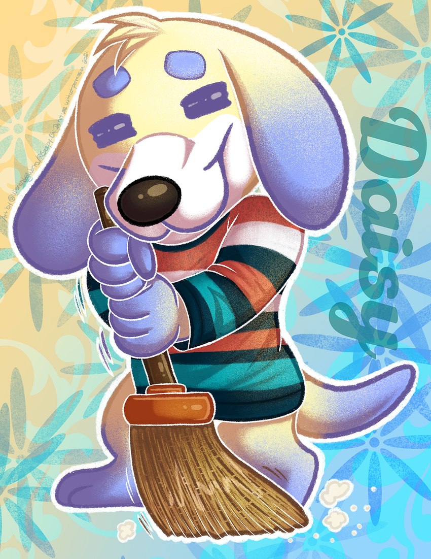 anthro biped black_nose bottomless broom cleaning_tool clothed clothing eyes_closed female holding_broom holding_cleaning_tool holding_object pattern_clothing pattern_shirt pattern_topwear shirt smile solo striped_clothing striped_shirt striped_topwear stripes sweeping tail topwear wienerdogworks animal_crossing nintendo daisy_(animal_crossing) canid canine canis domestic_dog mammal 2022 digital_drawing_(artwork) digital_media_(artwork) full-length_portrait hi_res portrait