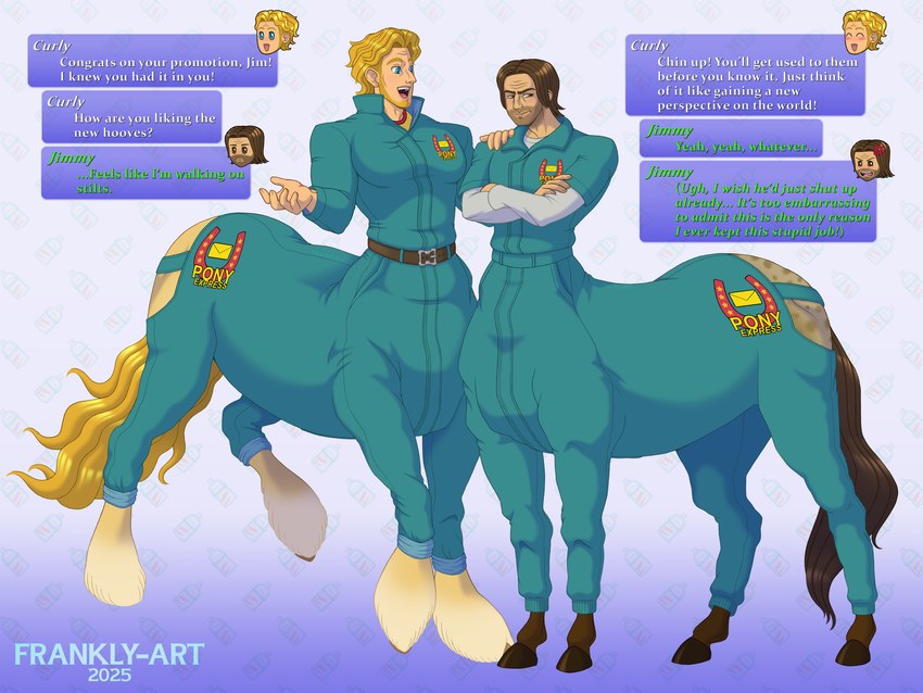 blonde_hair blue_eyes brown_body brown_eyes brown_fur brown_hair clothing crossed_arms cuffed_pants dialogue duo fur hair hand_on_shoulder hooves jumpsuit male male/male stubble taur_clothing taur_jumpsuit text yellow_body yellow_fur frankly-art european_mythology greek_mythology mouthwashing mythology curly_(mouthwashing) jimmy_(mouthwashing) centaur equid equid_taur equine equine_taur humanoid_taur mammal mammal_taur taur 4:3 english_text hi_res