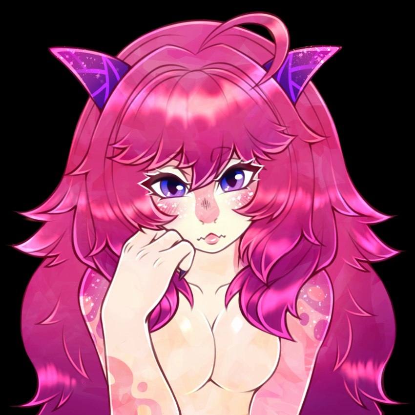 ahoge anthro bangs blue_eyes breasts claws eyebrow_through_hair eyebrows eyelashes featureless_breasts female finger_claws hair hand_on_own_face horn lips long_hair looking_at_viewer multicolored_eyes non-mammal_breasts pink_body pink_hair pink_lips pink_scales purple_eyes scales simple_background small_breasts solo tan_body tan_scales translucent translucent_hair transparent_background two_tone_eyes onomari roseanne_shard kobold scalie 1:1 2024 alpha_channel bust_portrait digital_media_(artwork) hi_res portrait shaded