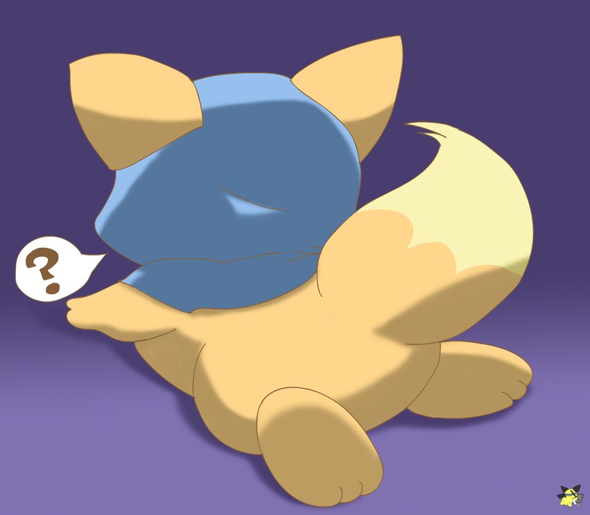 blue_clothing butt clothing feral fur hood logo male orange_body orange_fur rear_view simple_background solo yellow_body yellow_fur pichu90 pretty_cure enen canid canine fox mammal artist_logo hi_res