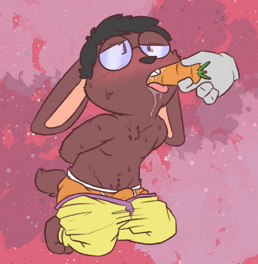 anthro bulge carrot clothed clothing disembodied_hand duo eyewear femboy food glasses kneeling looking_pleasured male plant sagging sagging_pants solo_focus topless underwear vegetable nutty_bo lemmy lagomorph leporid mammal rabbit digital_drawing_(artwork) digital_media_(artwork)