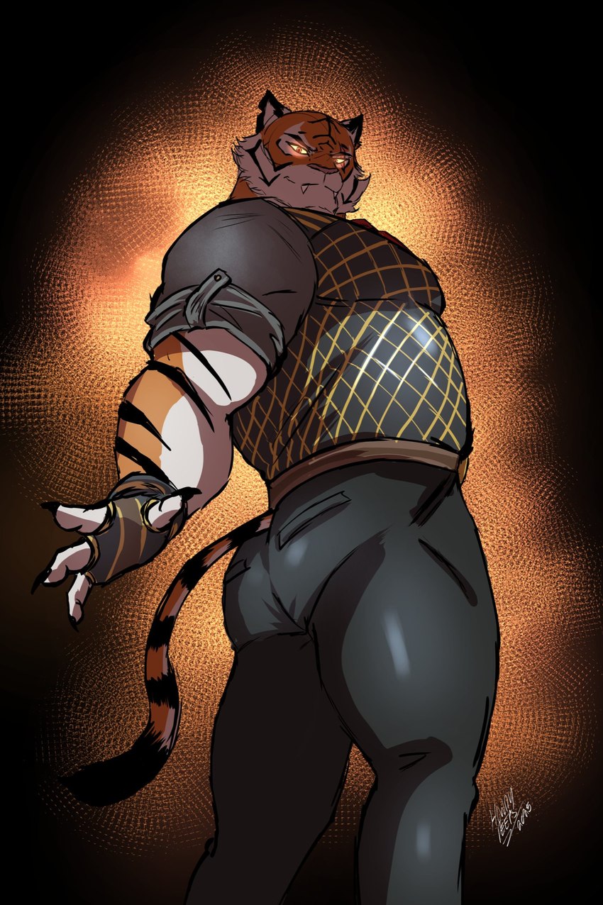 anthro barazoku belt biceps big_butt big_muscles black_border border bottomwear butt claws clothed clothing dress_shirt eyebrows fingerless_gloves fur gloves glowing glowing_eyes handwear looking_at_viewer male muscular muscular_anthro muscular_male narrowed_eyes notched_ear orange_background pants shirt simple_background smile solo standing teeth thick_arms thick_thighs tight_clothing topwear tuft vest mapachedonny epic_games fortnite oscar_(fortnite) felid mammal pantherine tiger 2025 hi_res signature