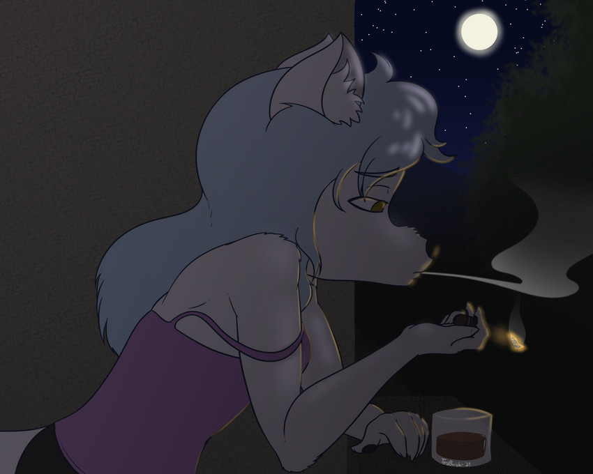 anthro black_nose blue_hair clothed clothing container cup drinking_glass female fur glass glass_container glass_cup hair moon night off_shoulder side_view slim_anthro slim_female smoking snout solo whiskey_glass white_body white_fur terdburgler caroline_west canid canine canis mammal wolf 5:4