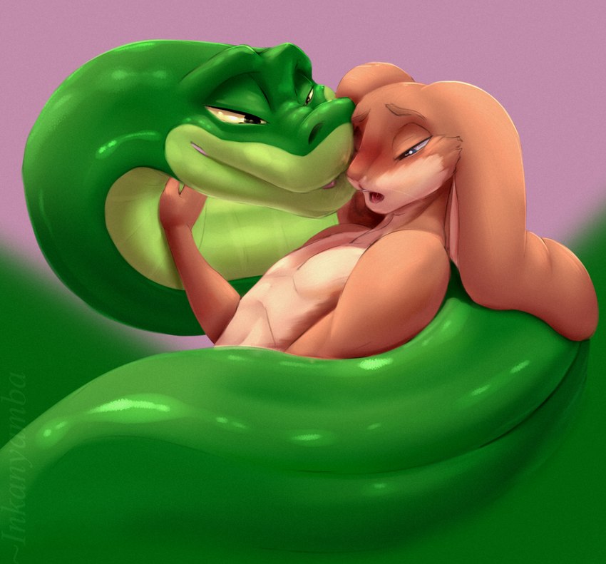 anthro anthro_on_feral bedroom_eyes bestiality blush coiling feral kissing male male/male narrowed_eyes seductive inkanyamba_(artist) jajuka mokadu lagomorph leporid mammal python rabbit reptile scalie snake