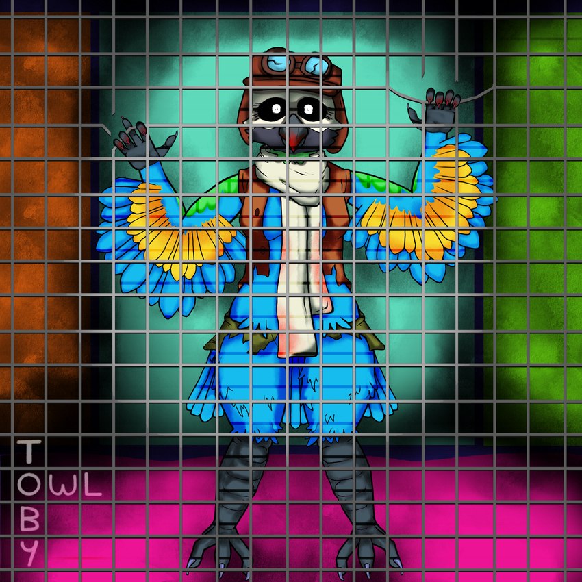 anthro avian_arms avian_feet aviator_cap aviator_jacket beak black_beak black_sclera blood blue_body blue_feathers bodily_fluids bottomwear clothing eyewear feathered_wings feathers feet female goggles horror_(theme) jacket looking_at_viewer mostly_nude multicolored_body multicolored_feathers nightmare_fuel no_pupils pants scarf soul_devouring_eyes standing tail tail_feathers talons toes topwear torn_bottomwear torn_clothing torn_pants white_eyes wings yellow_body yellow_feathers tobyowl indigo_park mollie_macaw avian bird macaw neotropical_parrot parrot true_parrot 1:1 hi_res