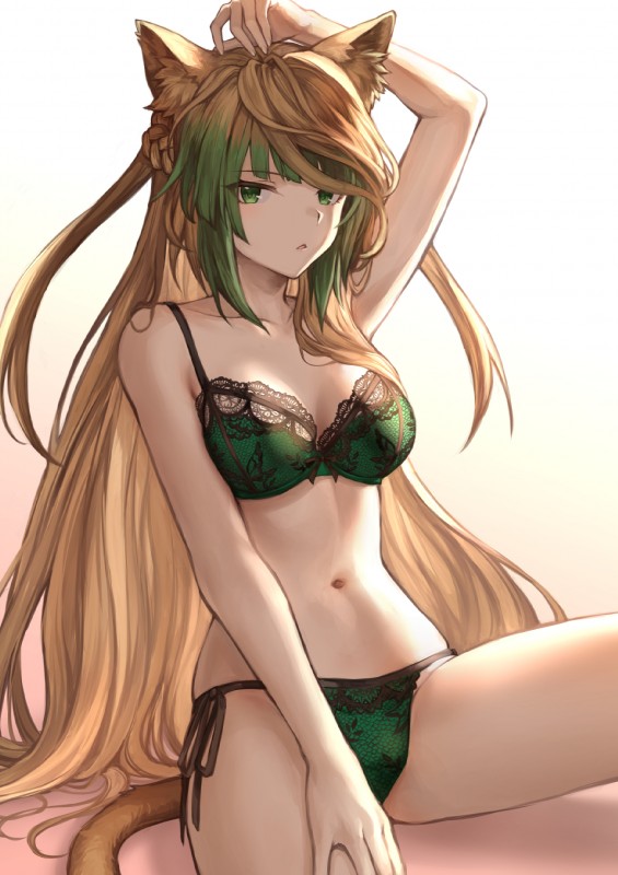 5_fingers bangs blonde_hair blunt_bangs bra braided_hair breasts brown_body brown_fur clothed clothing collarbone ear_tuft eye_through_hair eyebrow_through_hair eyebrows eyelashes female fingers french_braid fur gradient gradient_background green_bra green_clothing green_eyes green_hair green_panties green_underwear hair hand_on_head long_hair looking_at_viewer multicolored_hair navel open_mouth panties parted_lips raised_arm side-tie_panties simple_background sitting solo thong translucent translucent_hair tuft two_tone_hair underwear underwear_only mashu_003 fate_(series) type-moon archer_of_red atalanta_(fate) animal_humanoid cat_humanoid felid felid_humanoid feline feline_humanoid humanoid mammal mammal_humanoid 2018 hi_res