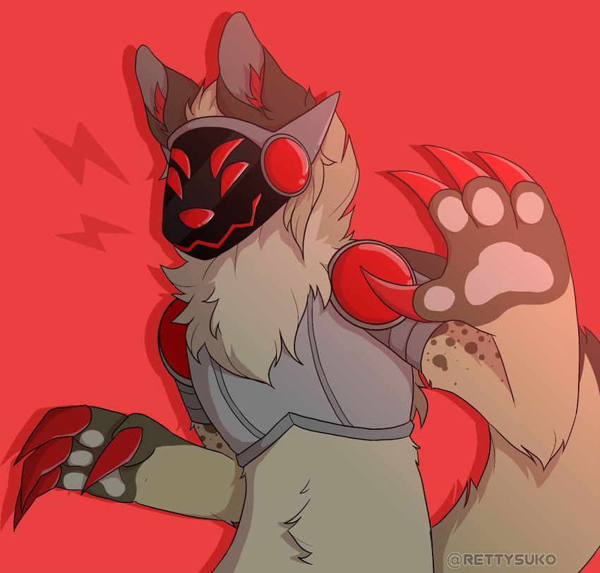 anthro brown_body machine male red_eyes screen screen_face simple_background smile solo spots rettsyuko johmn hyena mammal protogen spotted_hyena digital_media_(artwork)